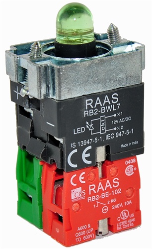 RB2-BWL735-24BODY ASSEMBLY FOR PUSH BUTTON & SELECTOR, 24AC/DC, NO+NC  CONTACTS, WITH INTEGRAL CIRCUIT & CLUSTER LED, GREEN COLOR